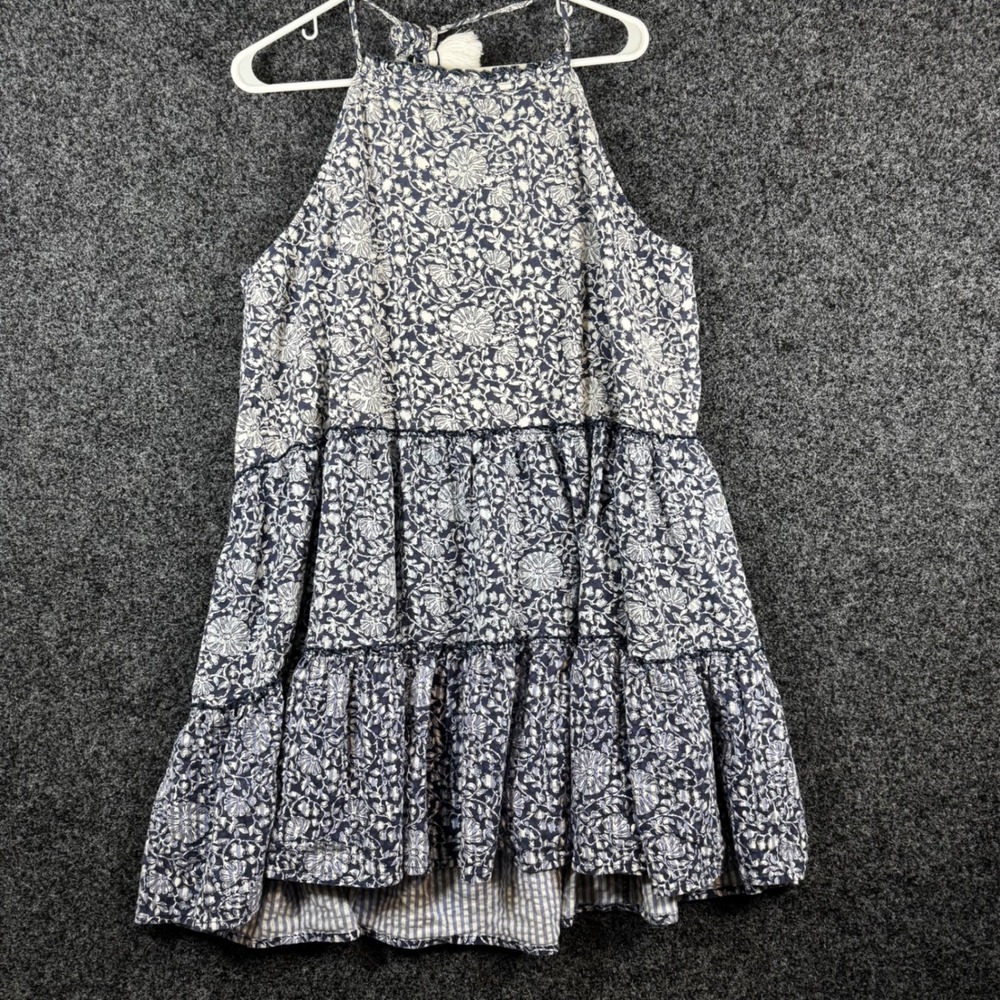Vineyard Vines Womens XL Navy Blue Floral Tiered Halter Mini Dress Tassel Tie
